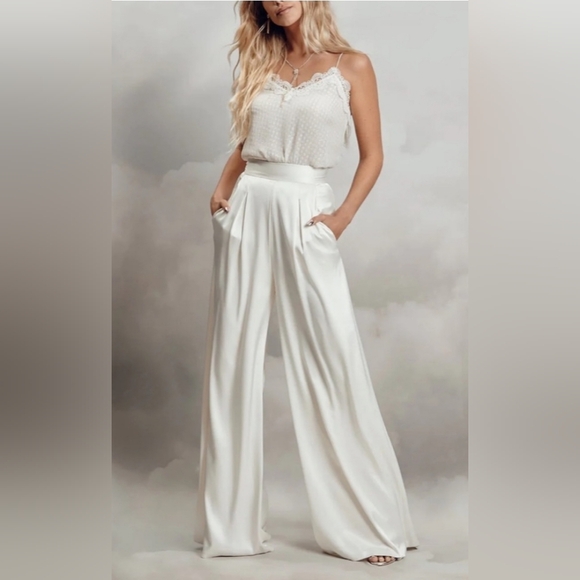 Catherine Deane White WideLeg High Waist Satin Aurelia Trouser Pants - Picture 1 of 4